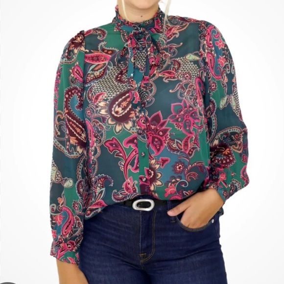 SUNCOO Tops - SUNCOO XL Paisley Ruffle Tie Neck Blouse Boho Chic Green Pink Button Up